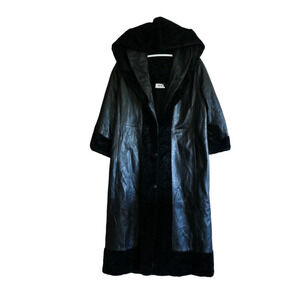 Coppolino Leather Coat Womens Large Black Curly Details Hooded Pockets Duster